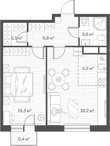 Планировка: Евродвушка 47,6 м² в ЖК «Аристов Берег»