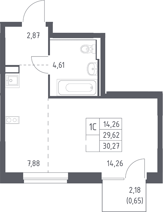 Планировка: Студия 29,6 м² в ЖК «Рублевский квартал»