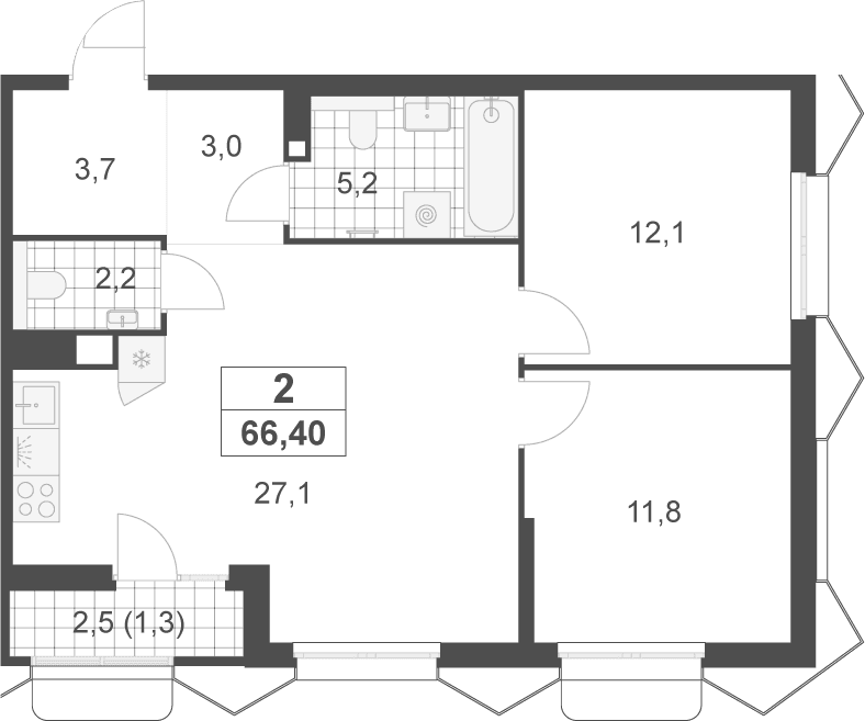 Планировка: Евротрёшка 65,1 м² в ЖК «Деснаречье»
