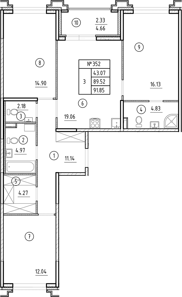 Планировка: Квартира евро-4 89,5 м² в ЖК «Ассамблея»