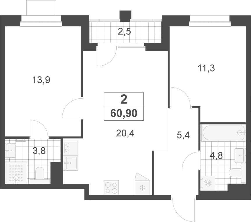 Планировка: Евротрёшка 59,6 м² в ЖК «Деснаречье»