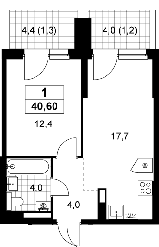 Планировка: Евродвушка 38,1 м² в ЖК «Деснаречье»