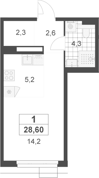 Планировка: Студия 28,6 м² в ЖК «Скандинавия»
