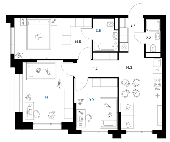 Планировка: 3-комнатная квартира 66,4 м² в ЖК «Зеленый парк»