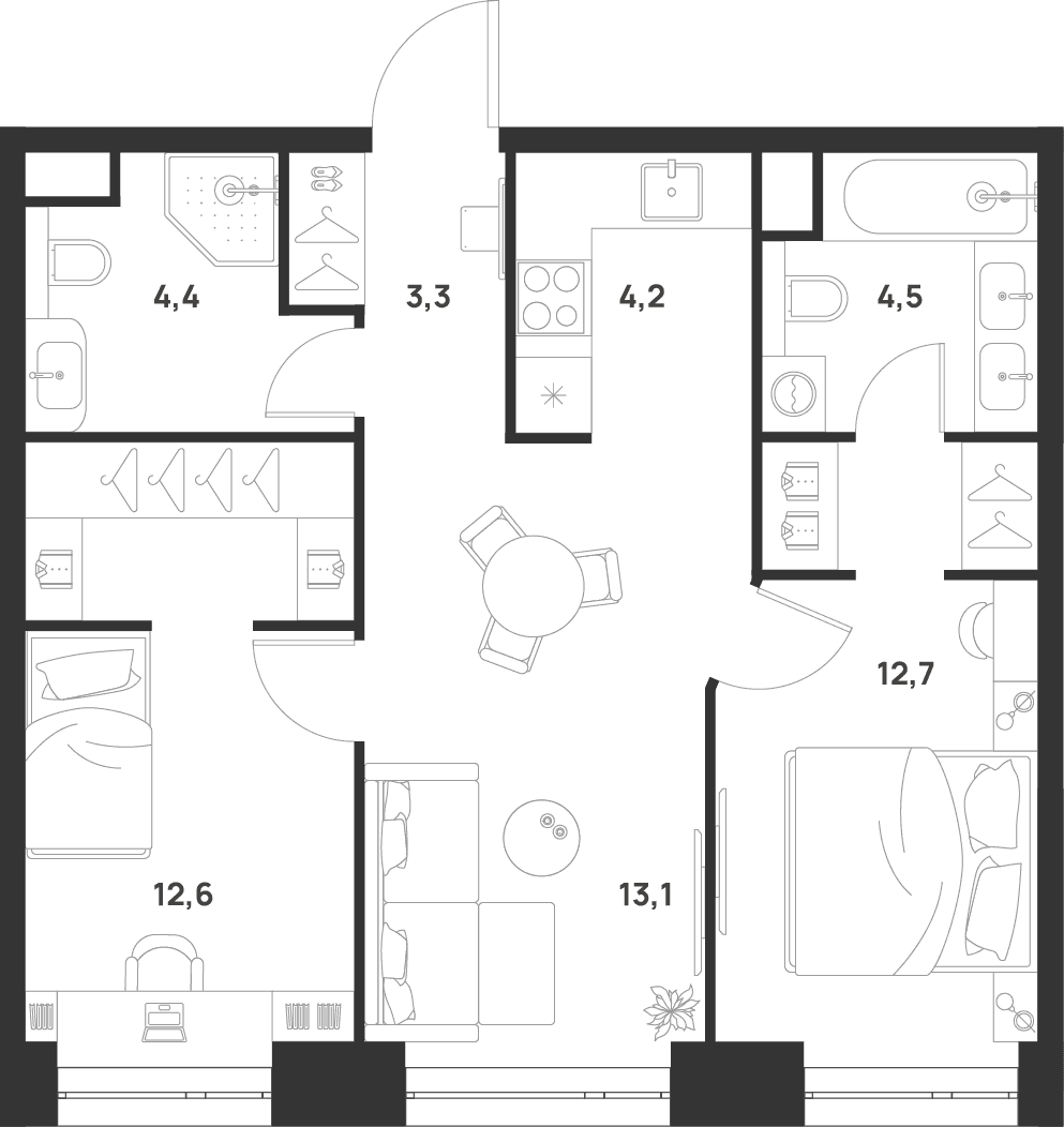 Планировка: 2-комнатная квартира 54,8 м² в ЖК «ВОЙС»