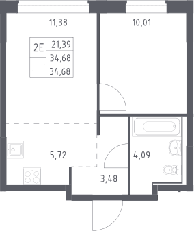 Планировка: Евродвушка 34,7 м² в ЖК «Прибрежный Парк»