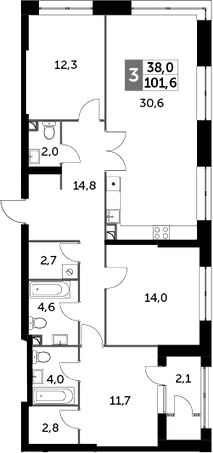 Планировка: Квартира евро-4 101,9 м² в ЖК «Скай Гарден»