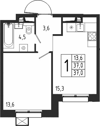 Планировка: 1-комнатная квартира 37 м² в ЖК «Берег»