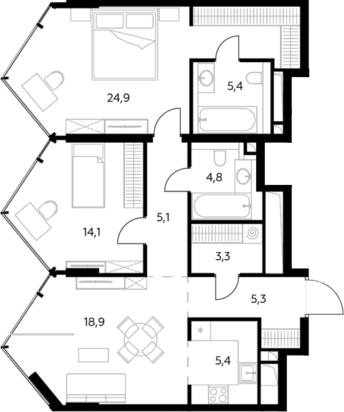 Планировка: Евротрёшка 87,2 м² в ЖК «Монблан»
