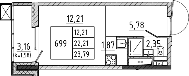 Планировка: Студия 22,2 м² в ЖК «Поварово-Молодежный-2»