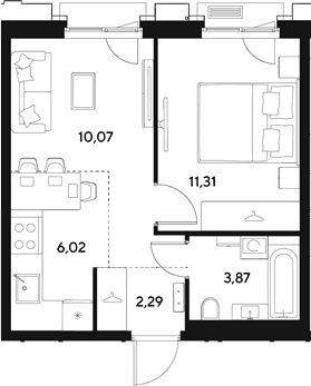 Планировка: Евродвушка 33,6 м² в ЖК «ЭВО»