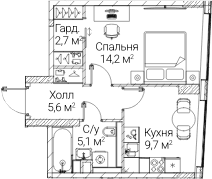 Планировка: 1-комнатная квартира 37,3 м² в ЖК «СЕЗАР БУДУЩЕЕ»