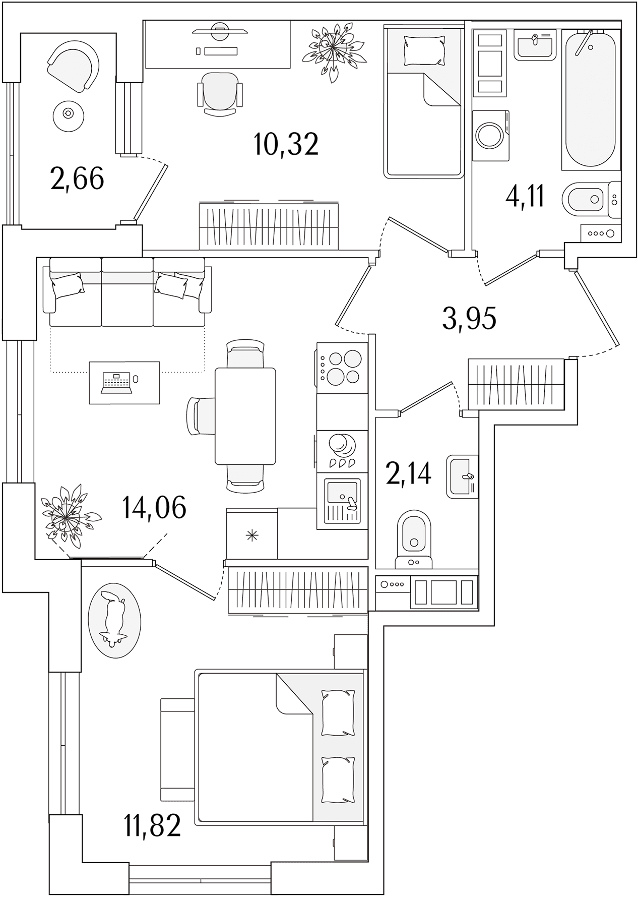 Планировка: 2-комнатная квартира 46,4 м² в ЖК «Гранат»