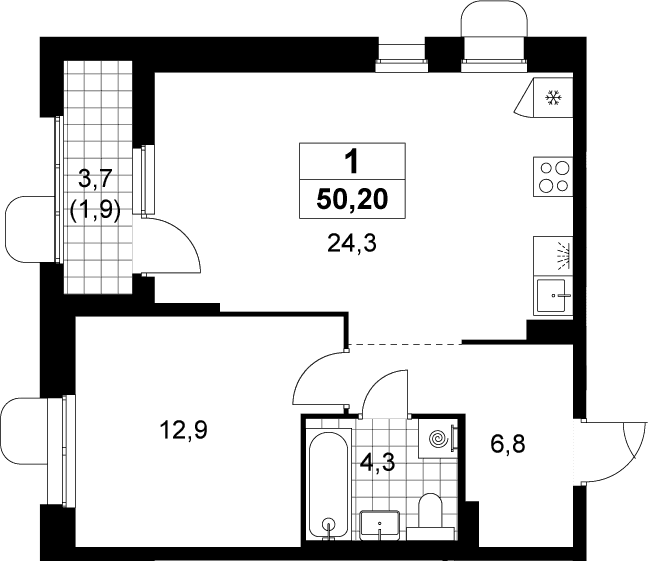 Планировка: Евродвушка 48,3 м² в ЖК «Прокшино»