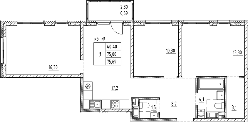 Планировка: Квартира евро-4 75 м² в ЖК «Плюс Пулковский»