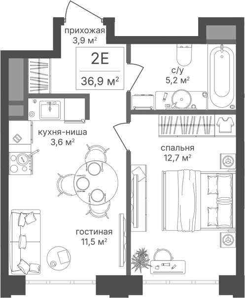 Планировка: Евродвушка 36,9 м² в ЖК «Михалковский»