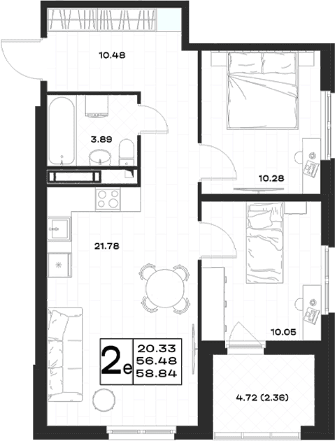 Планировка: Евротрёшка 56,5 м² в ЖК «Имена»