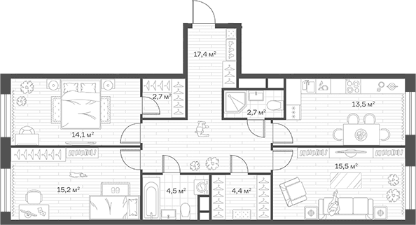 Планировка: 3-комнатная квартира 90 м² в ЖК «Аристов Берег»