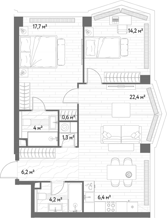 Планировка: Евротрёшка 77 м² в ЖК «С5»