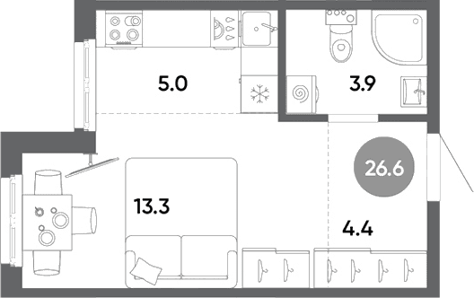 Планировка: Студия 26,6 м² в ЖК «Клюква.Парк»