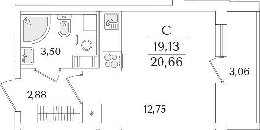 Планировка: Студия 19,1 м² в ЖК «Кинопарк»