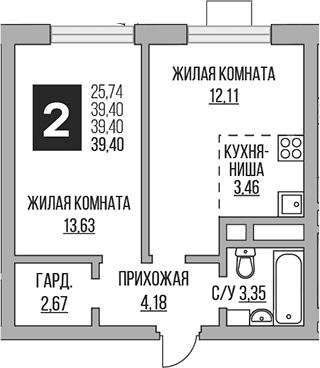 Планировка: Евродвушка 39,4 м² в ЖК «Гранель Ильинойс»