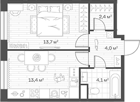 Планировка: 1-комнатная квартира 37,6 м² в ЖК «Аристов Берег»