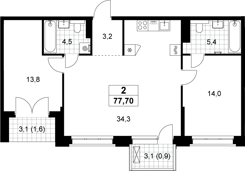 Планировка: Евротрёшка 75,2 м² в ЖК «Хольм»