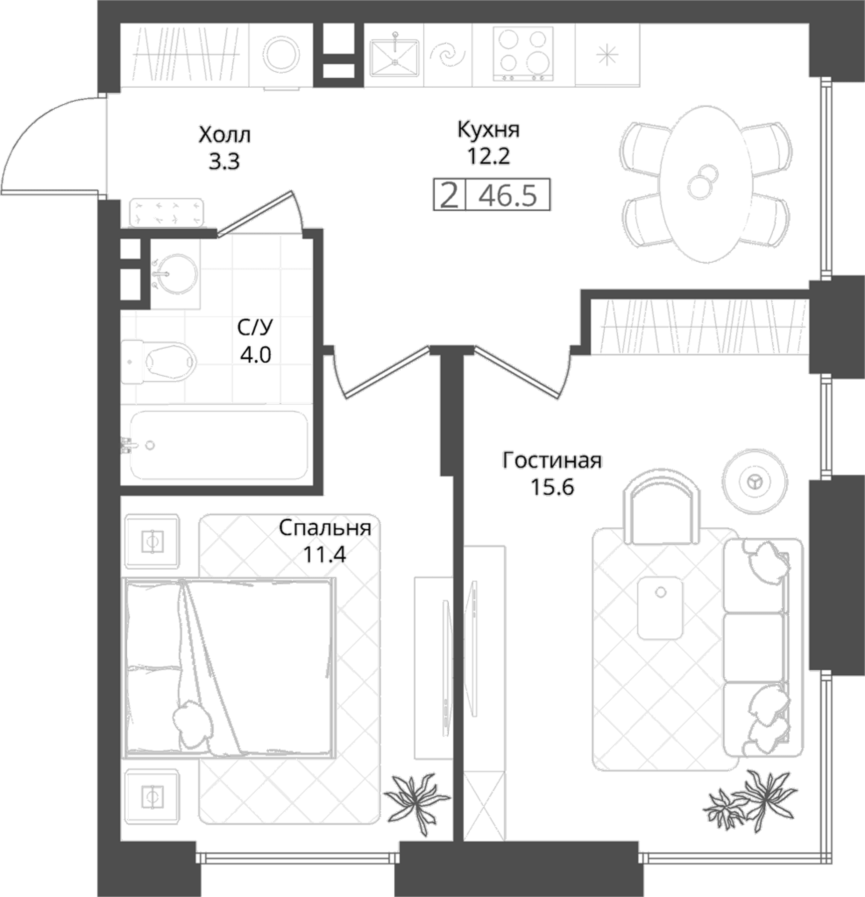 Планировка: 2-комнатная квартира 46,5 м² в ЖК «Коллекция»