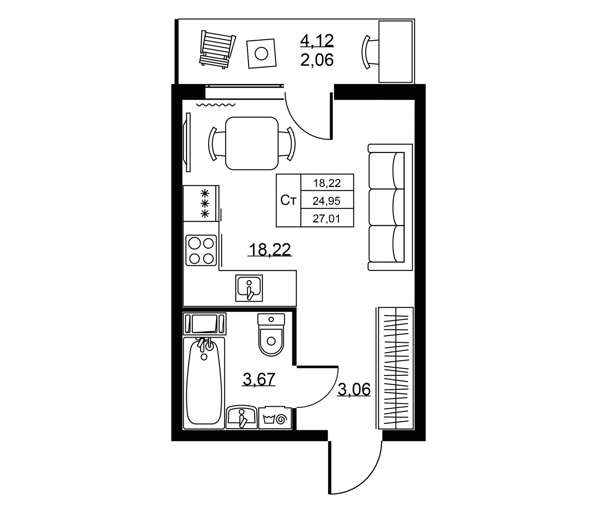 Планировка: Студия 25 м² в ЖК «Пулковское, 34»