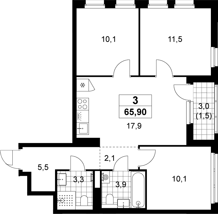 Планировка: Квартира евро-4 64,4 м² в ЖК «Деснаречье»