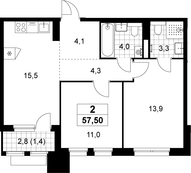 Планировка: 2-комнатная квартира 56,1 м² в ЖК «Деснаречье»