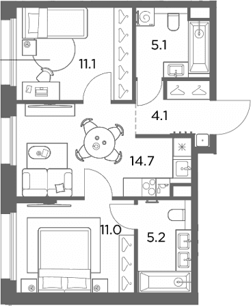 Планировка: 2-комнатная квартира 51,2 м² в ЖК «Станиславский»