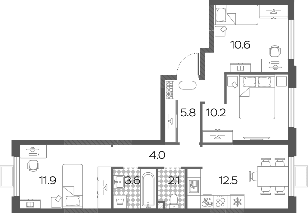 Планировка: 3-комнатная квартира 60,7 м² в ЖК «Лучи»