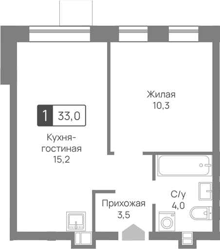 Планировка: Евродвушка 33 м² в ЖК «Лесная Отрада»
