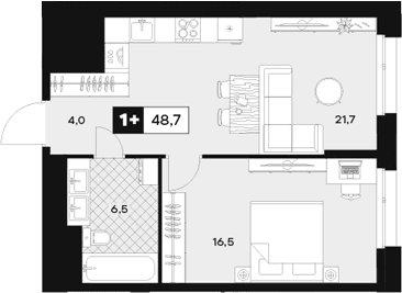 Планировка: 1-комнатная квартира 48,7 м² в ЖК «ЮТУ»