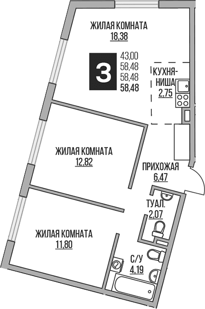 Планировка: Евротрёшка 58,5 м² в ЖК «Гранель Аникеевский»