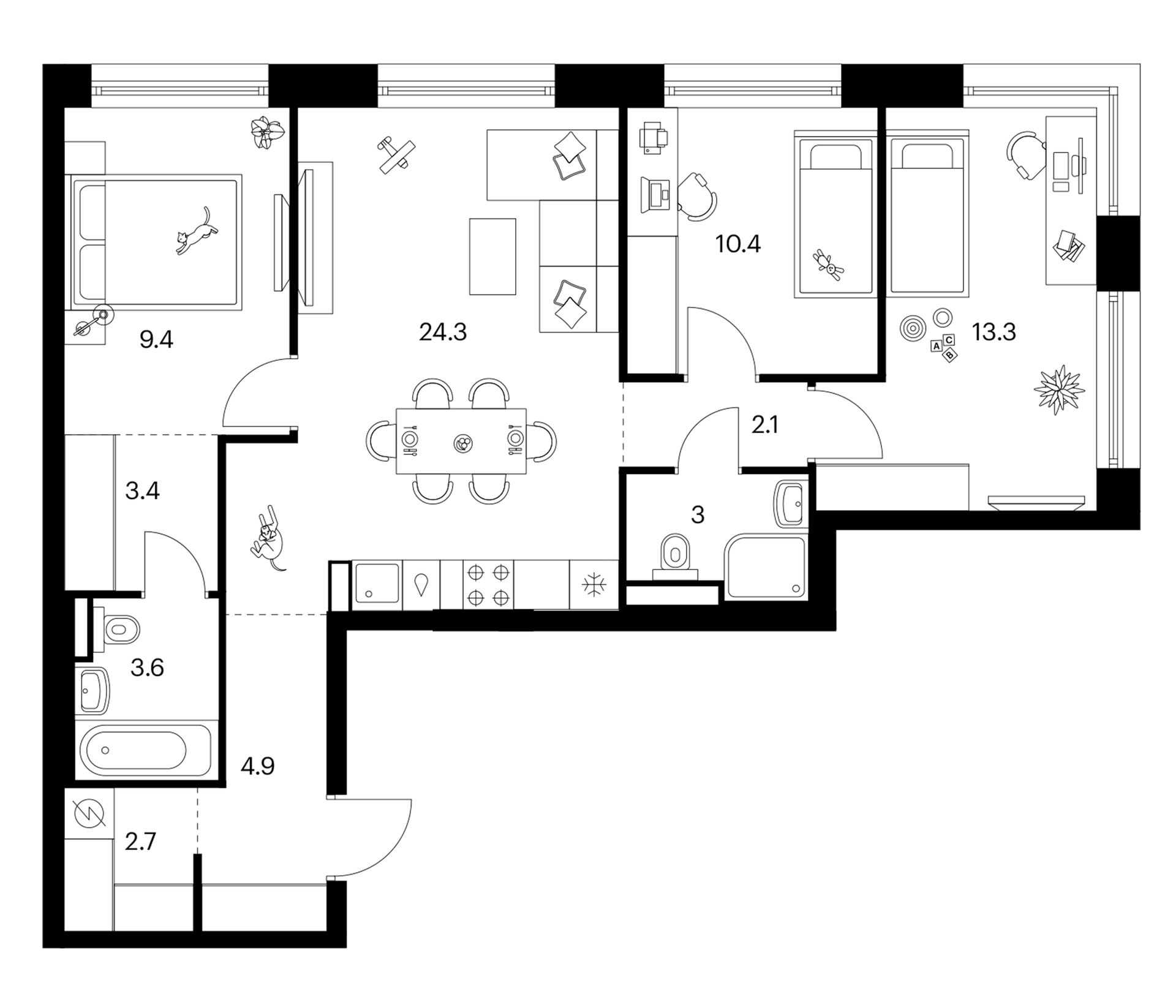 Планировка: 3-комнатная квартира 77,1 м² в ЖК «Зеленый парк»