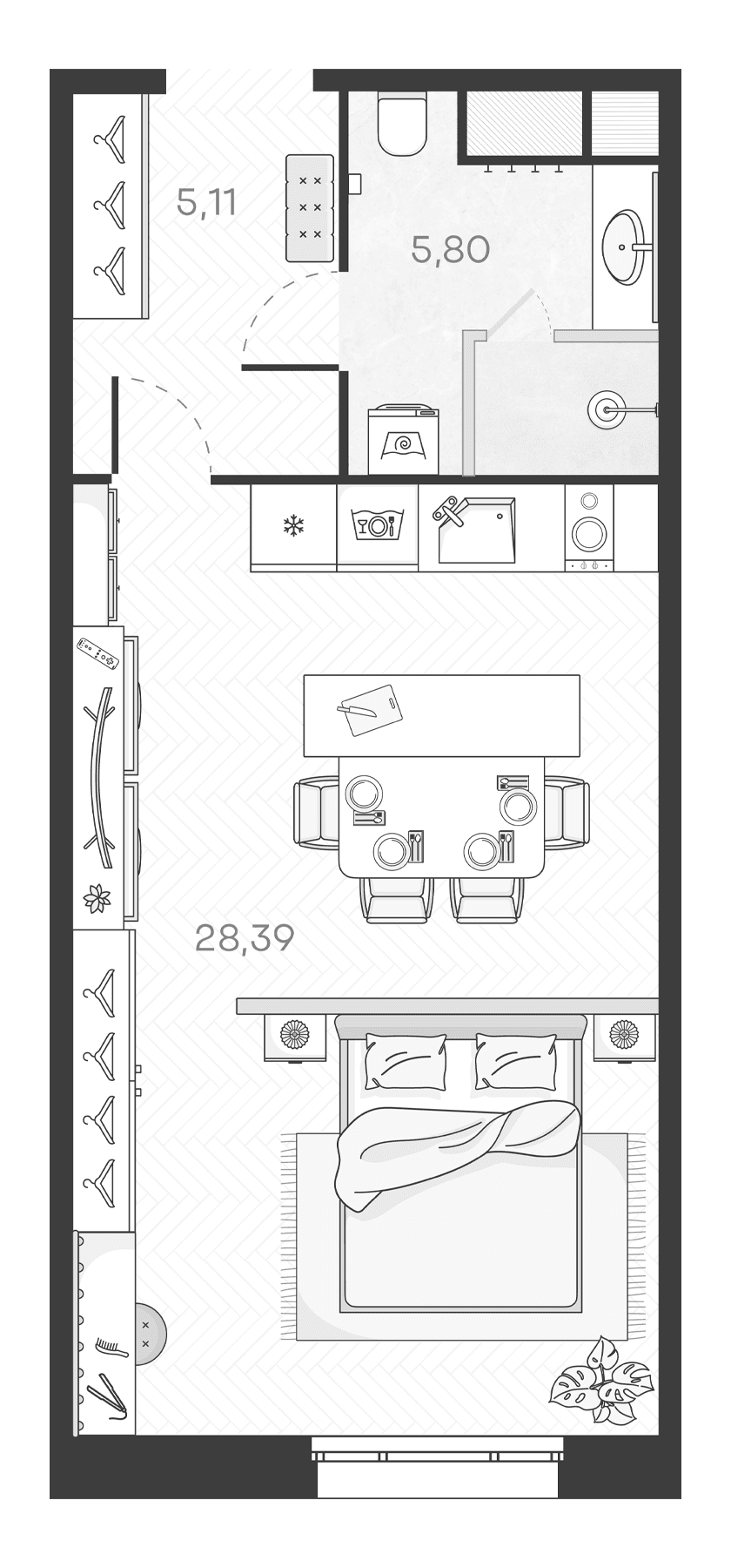 Планировка: Студия 39,3 м² в ЖК «Monodom Art»