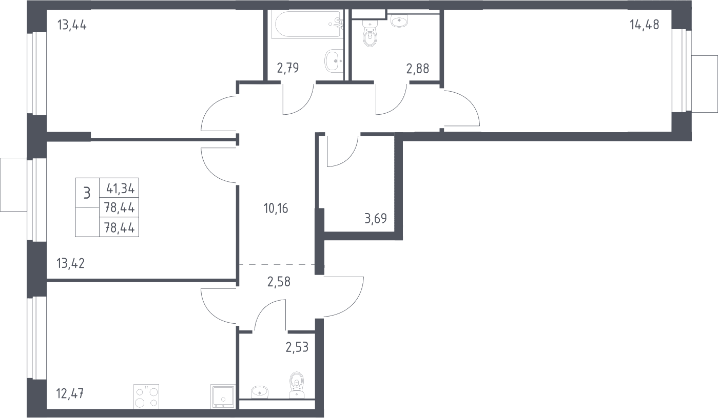 Планировка: 3-комнатная квартира 78,4 м² в ЖК «Молжаниново»