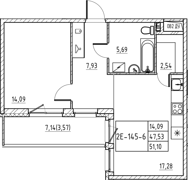 Планировка: Евродвушка 47,5 м² в ЖК «Энфилд»