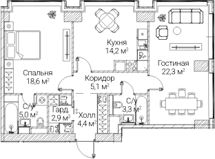 Планировка: 2-комнатная квартира 75,8 м² в ЖК «СЕЗАР БУДУЩЕЕ»