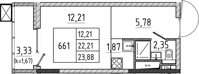 Планировка: Студия 22,2 м² в ЖК «Поварово-Молодежный-2»