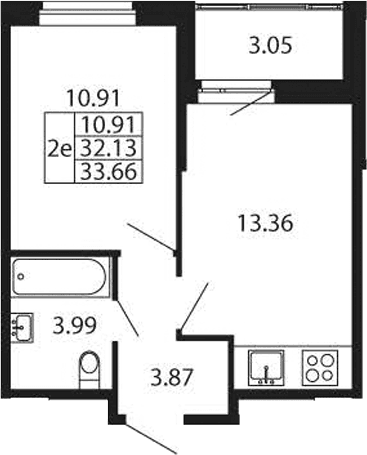 Планировка: Евродвушка 32,1 м² в ЖК «Полис Новоселье»