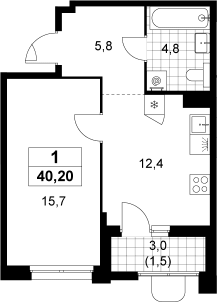 Планировка: Евродвушка 38,7 м² в ЖК «Прокшино»
