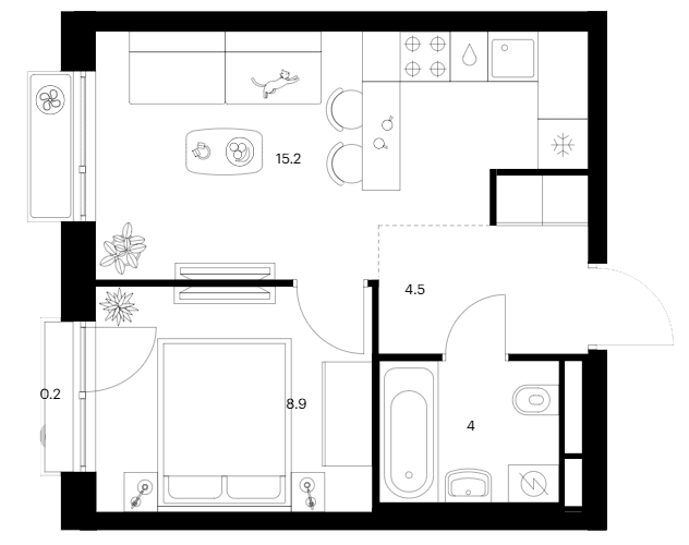 Планировка: 1-комнатная квартира 32,6 м² в ЖК «Белая Дача парк»