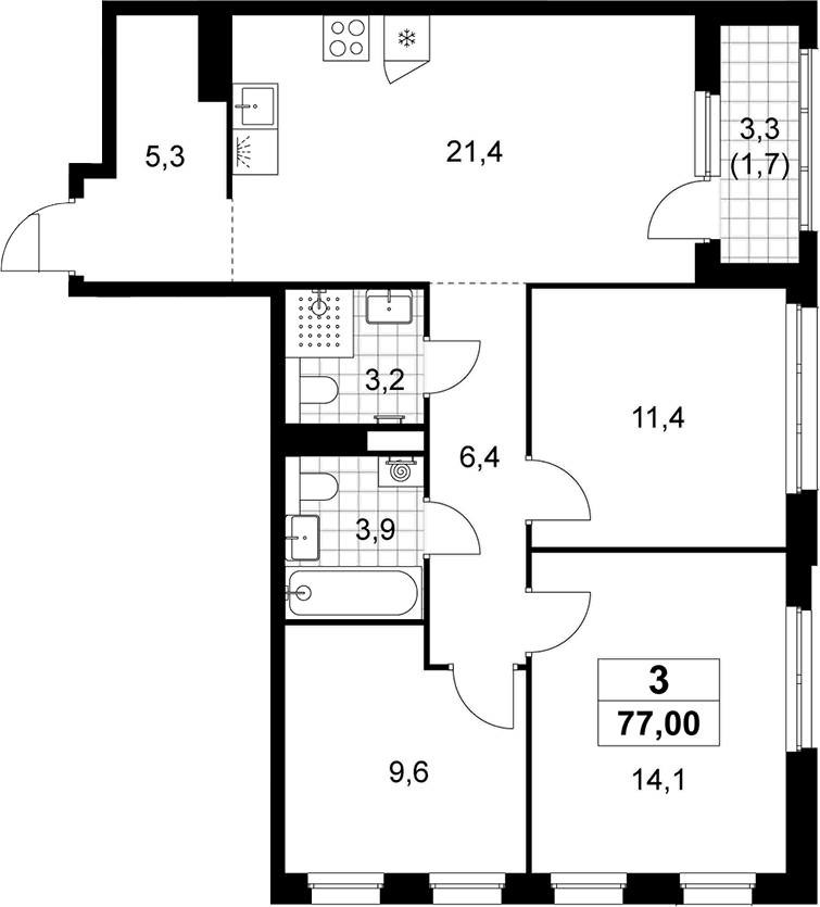 Планировка: Квартира евро-4 75,3 м² в ЖК «Деснаречье»