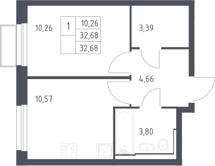 Планировка: 1-комнатная квартира 32,7 м² в ЖК «Квартал Строгино»