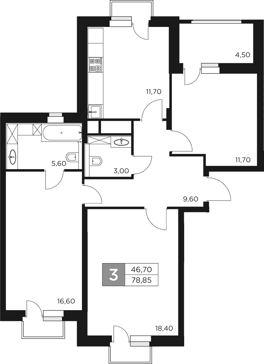 Планировка: 3-комнатная квартира 76,6 м² в ЖК «Восток 2»