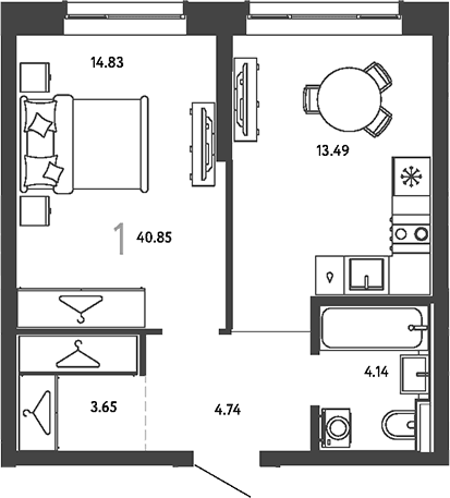 Планировка: 1-комнатная квартира 40,9 м² в ЖК «Страна.Парковая»